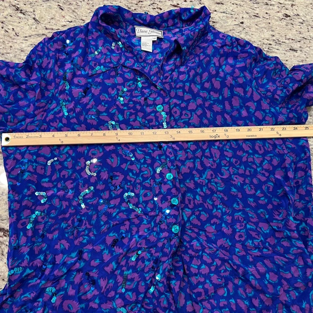 Vintage Diane Gilman 2X Silk Animal Print‎ Sequin Button Up Top Blue Purple 90s - Picture 6 of 7